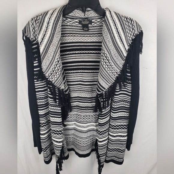 Peck & Peck Collection Black and White Fringed Collared Open Front Cardigan Sz L - Picture 4 of 10